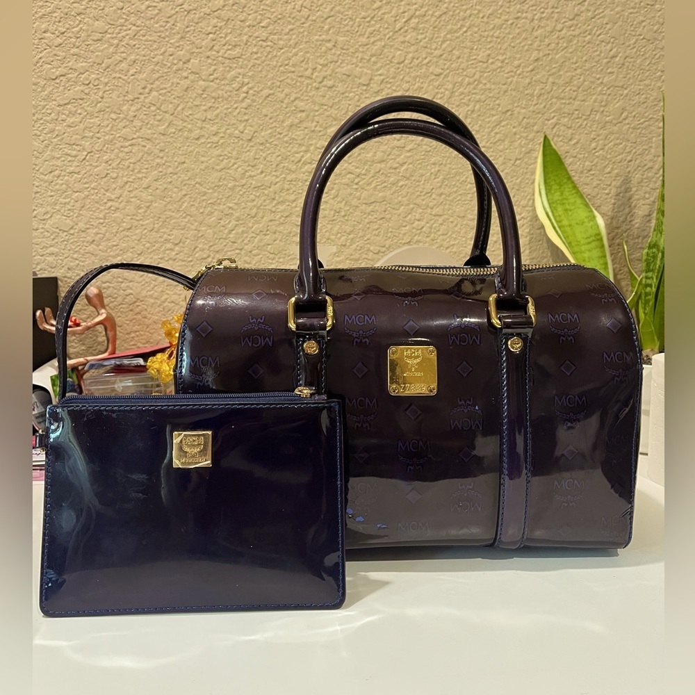 MCM PATENT ENAMEL MONOGRAM BAG WITH POUCH